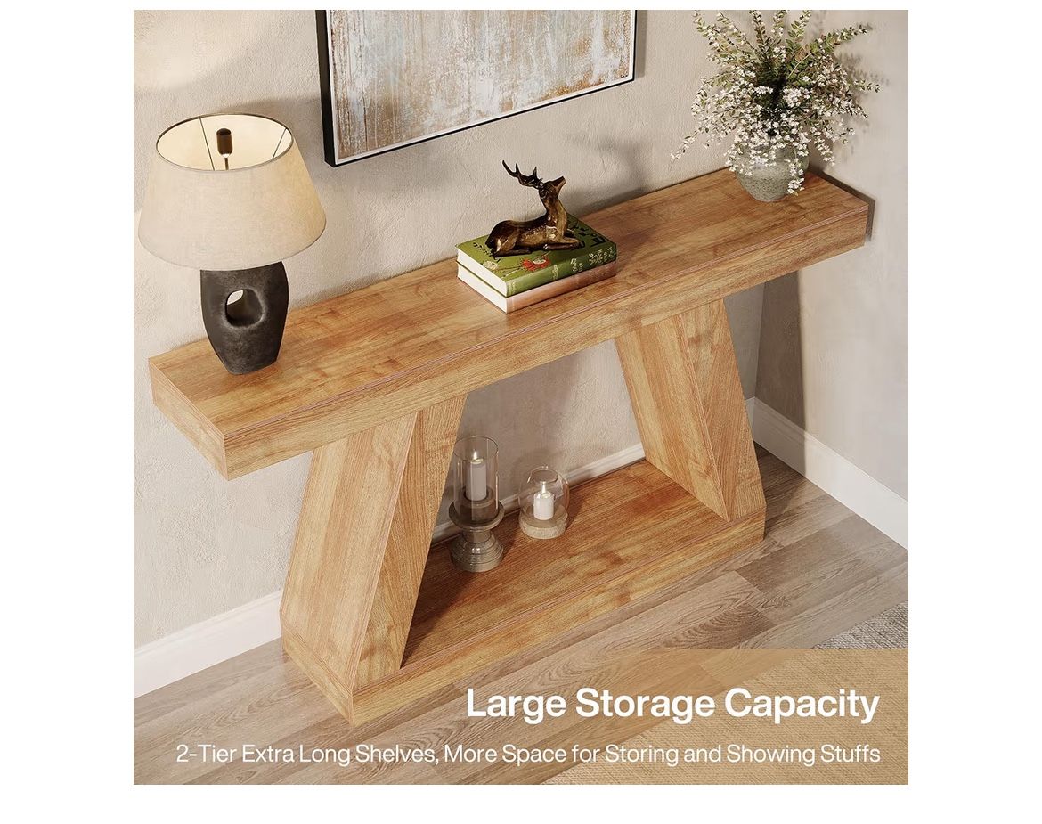  Farmhouse Console Table, 55-Inch Rustic Sofa Table with Storage, Industrial Wooden Entryway Table for Hallway, Living Room, Natural Brown