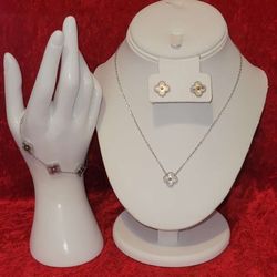 Silver Clover Necklace, Bracelet, & Earrings Set 
