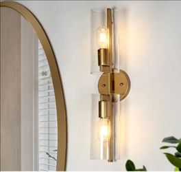 Uolfin Mid-Century Cylinder Bathroom Vanity Light 2-Light Transitional Brass Gold Tube Wall Light with Seeded Glass Shades
