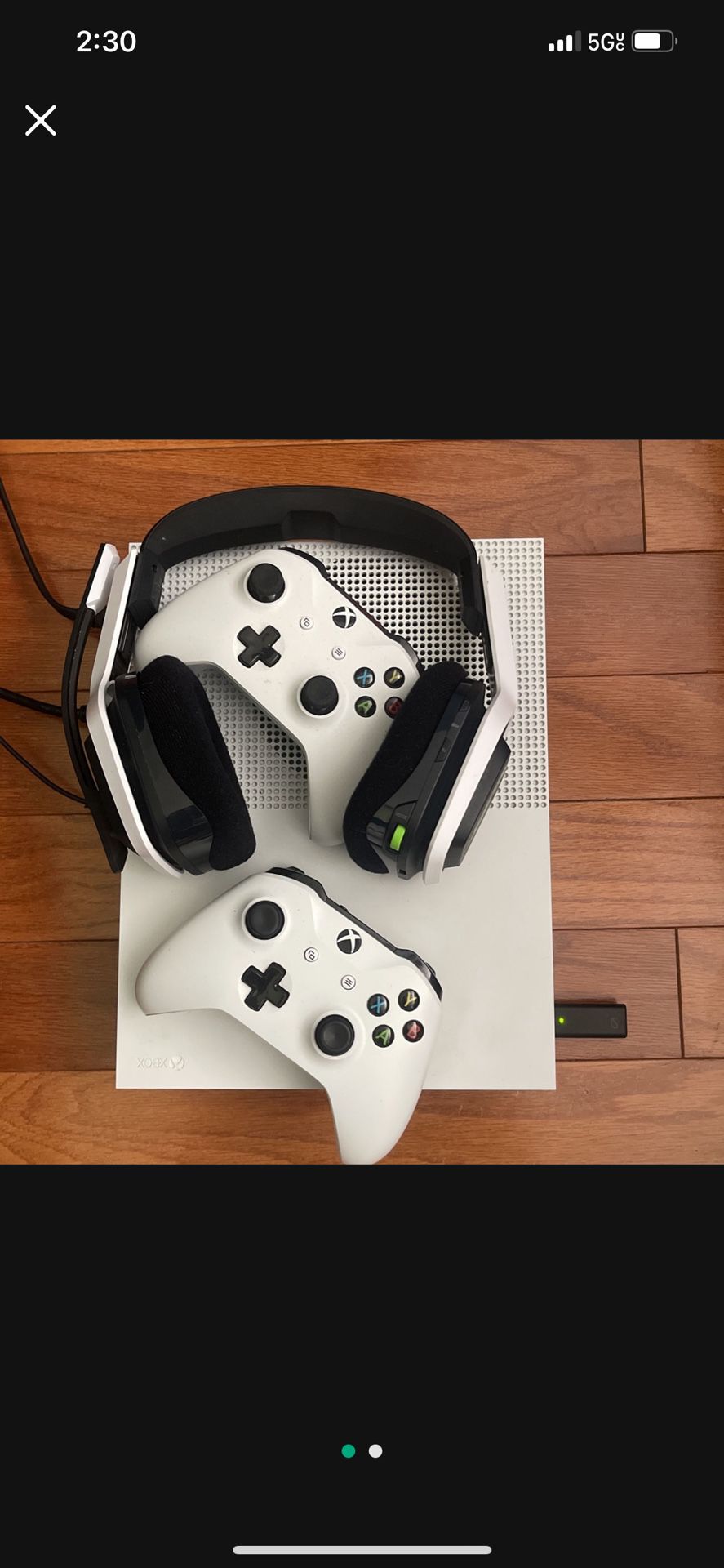 Xbox One S 500 GB, Two Controllers, and Wireless Headphones