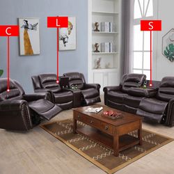 Brown Breathing Leather 3-Piece Sofa Living Room Sofa