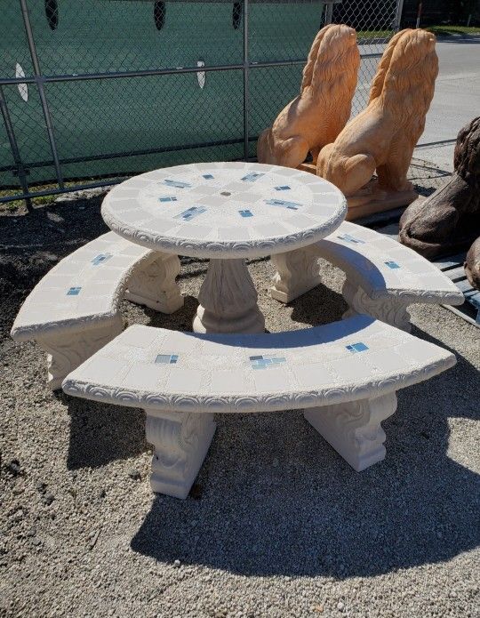 Concrete Mosaic Picnic Table with 3 Benches/ Outdoor Patio Furniture