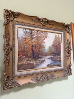 Vintage Original Oil Painting – Signed Autumn River Landscape in Ornate Frame