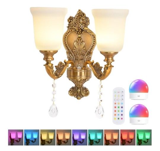 Battery Operated Wall Sconce 2 Light, RGB Dimmable Rechargeable Wall Light with Glass Shade, 48hr Battery Life Wireless Sconce with Remote Control