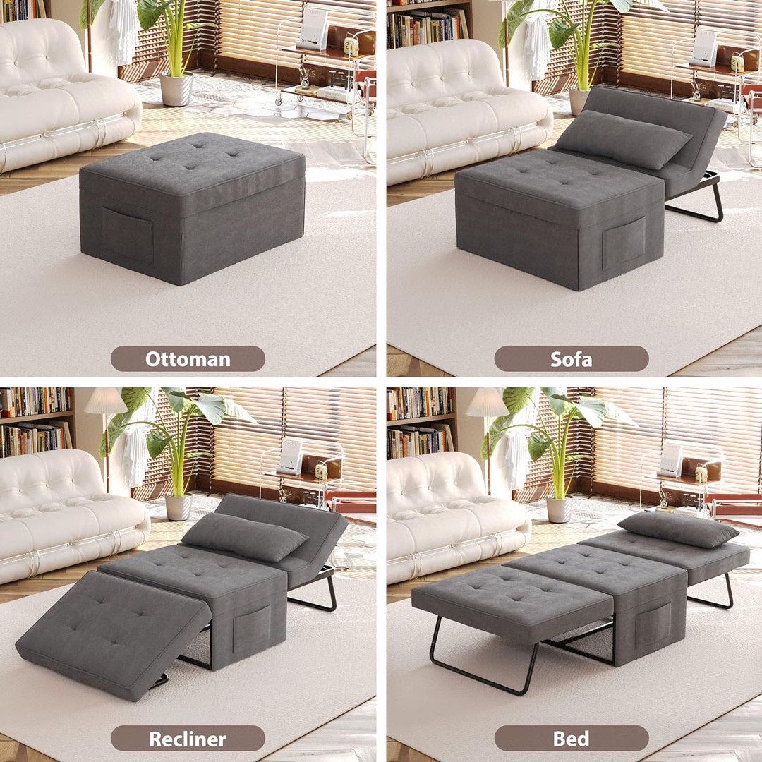 Sofa Bed Sleeper Chair with Pillow,Convertible 4 in 1 Multi-Function Adjustable Recline Linen Guest and Folding Multifunctional Ottoman Foldable Bed