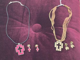 2 Rhinestone Cross Necklace & Earring Sets - Pink and Champagne, Gift Pouches
