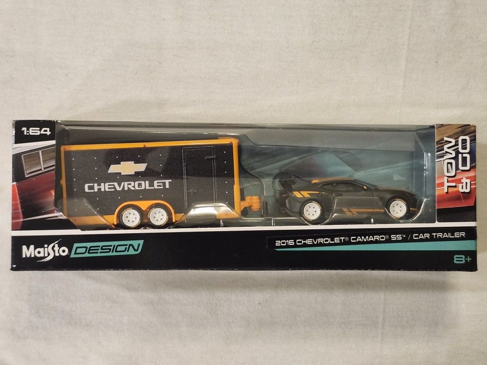 2020 MAISTO PREMIUM 1:64 SCALE. METAL DIECAST. TOW & GO. 2016 CHEVY CAMARO SS WITH CAR TRAILER.