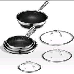 HexClad Hybrid Nonstick 7-Piece Cookware Set, 8", 10", and 12" Pans with Lids, and 10" Wok, Stay-Cool Handles, Dishwasher and Oven-Safe, Induction Rea