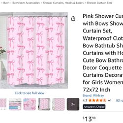 Pink Shower Curtain with Bows Shower Curtain Set, Waterproof Cloth Pink Bow Bathtub Shower Curtains with Hooks, Cute Bow Bathroom Decor Coquette Bath 