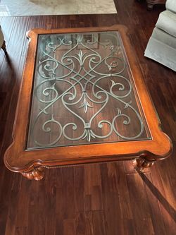Ethan Allen Coffee Table with wrought iron and beveled glass