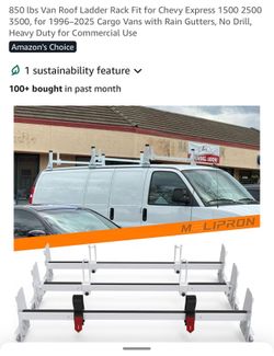 850 lbs Van Roof Ladder Rack Fit for Chevy Express 1 3500, for 1996–2025 Cargo Vans with Rain Gutters, No Drill, Heavy Duty for Commercial Use