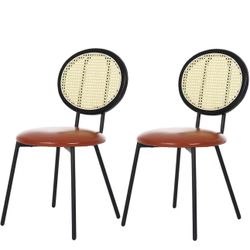 Kitchen & Dining Room Chairs Set of 2 Mid Century Modern Dining Chairs Brown Upholstered Leather Rattan Kitchen Chairs with Metal Legs Cane Armless Si