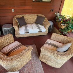Beautiful wicker indoor / terrace sofa set: Loveseat and 2 armchairs with pillows $750
