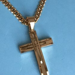 Gold On Stainless Steel Detailed 1.5” Cross on Cuban Style Chain *Pickup Boca Raton Or Ship Nationwide