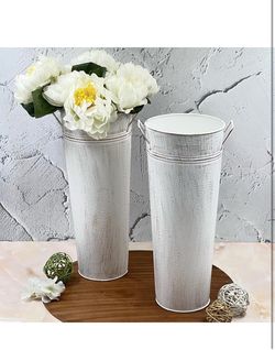 New Set of 2 White Metal French Bucket with Handles & PVC Liner, 6" Dia x 15" H for Weddings, Parties, Country Picnics, Floral Arrangements, Tableware
