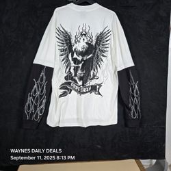 “Lost Hills XL Rhinestone Skull Wings Long Sleeve Shirt Flame Sleeves Y2K Biker Goth”
