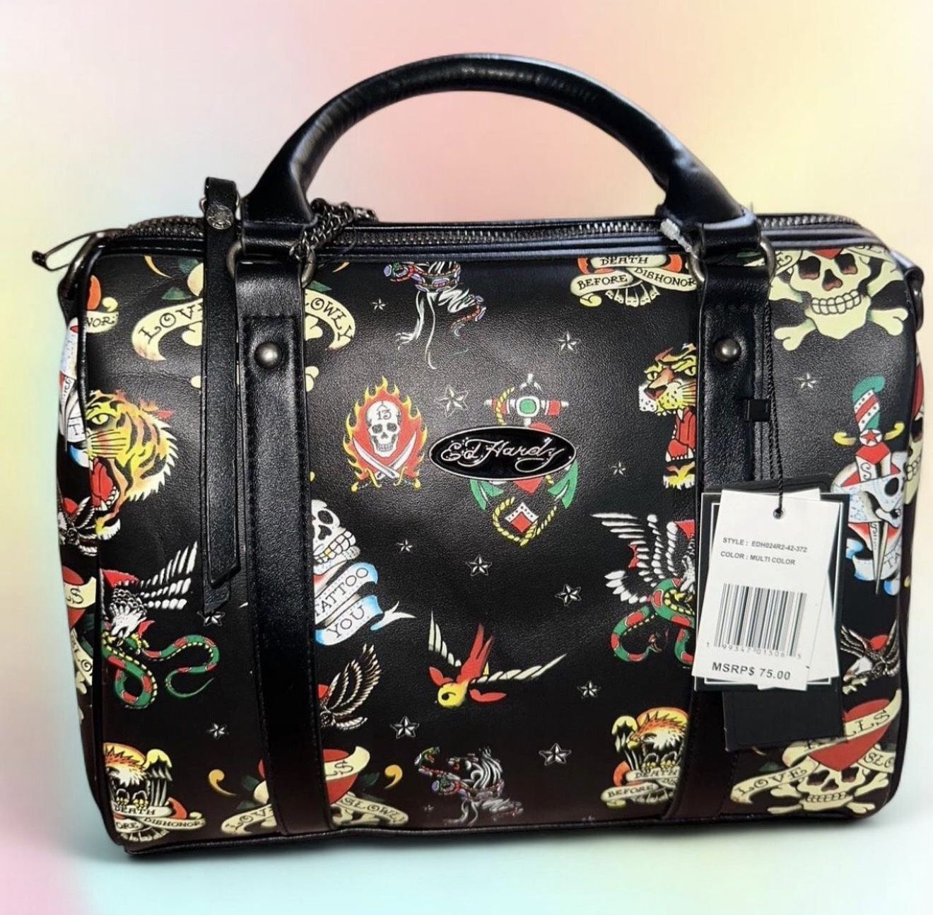 NWT Ed Hardy black and multi-colored/ tattoo style canvas duffel like satchel bag