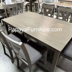 New 7Pcs Dining Set, Table And Chairs, Casual Dining Table, Chairs, Rectangular Table, Wooden Table, Grey Dining Set, Dinette Set, Table And 6 Chairs