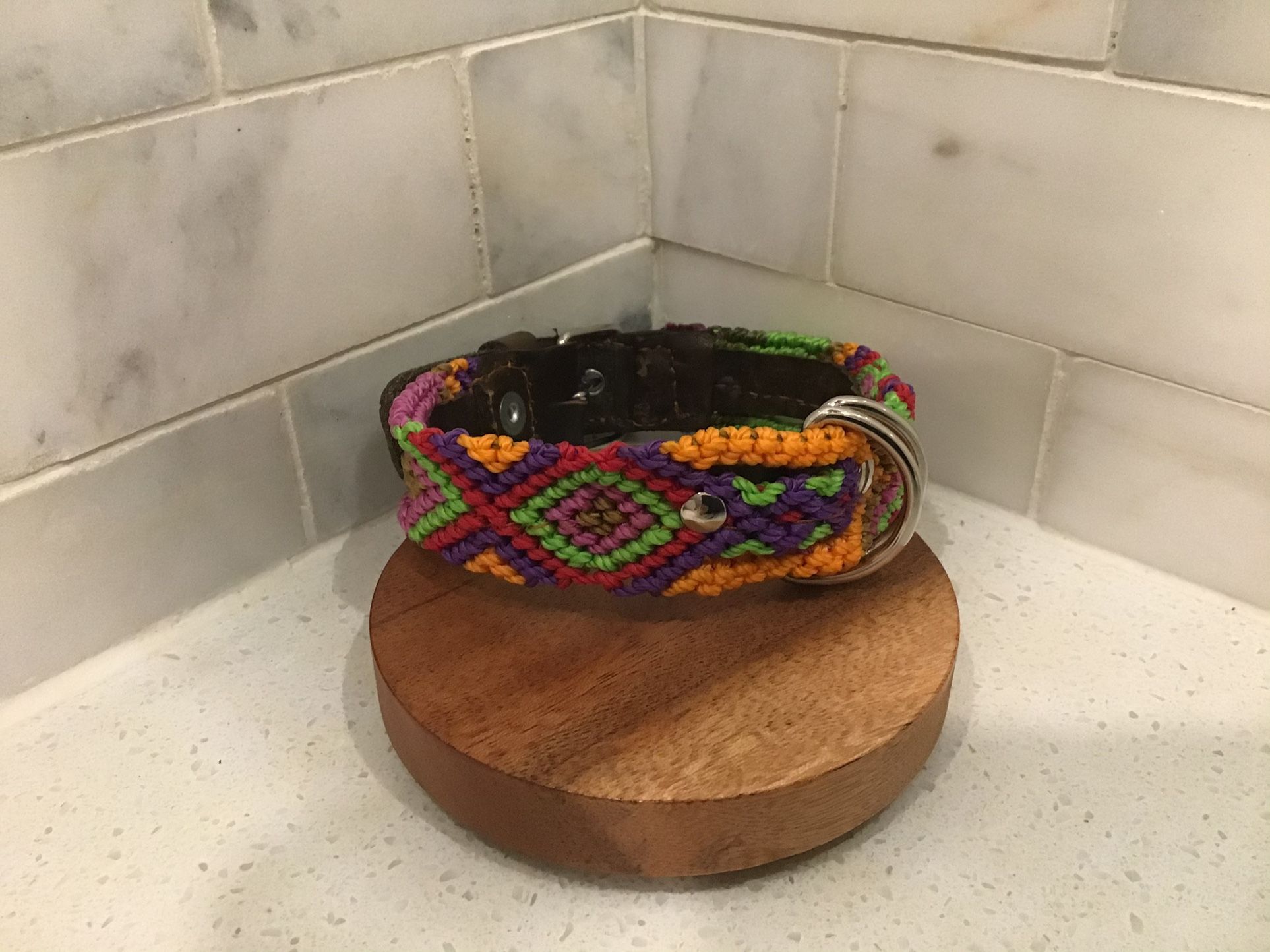 Handmade Dog Collar – 14” S – Earthy Tribal Weave with Dark Leather