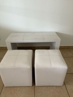 White Leather Ottoman Set with Coffee Table