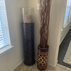 Ceramic Cylindrical Vase w/ Wood Decor