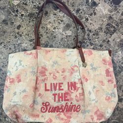 LARGE Lucky Brand  Cotton Linen Canvas Shopping Tote Bag LIVE IN THE SUNSHINE