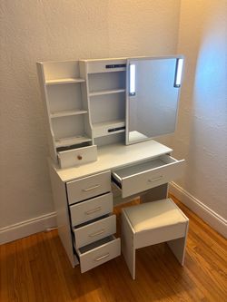 White Vanity Desk with Lighted Mirror and Stool