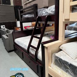 Twin Full Cherry Bunk With Trundle & 3 Mattresses