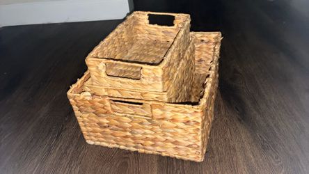 3 Piece Wooden & Straw Basket