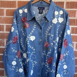 Denim & Co Floral Embroidered Button Denim Jacket