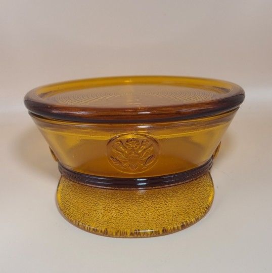 1930s Amber Glass Hat Trinket Dish Storage  candy Container & Lid