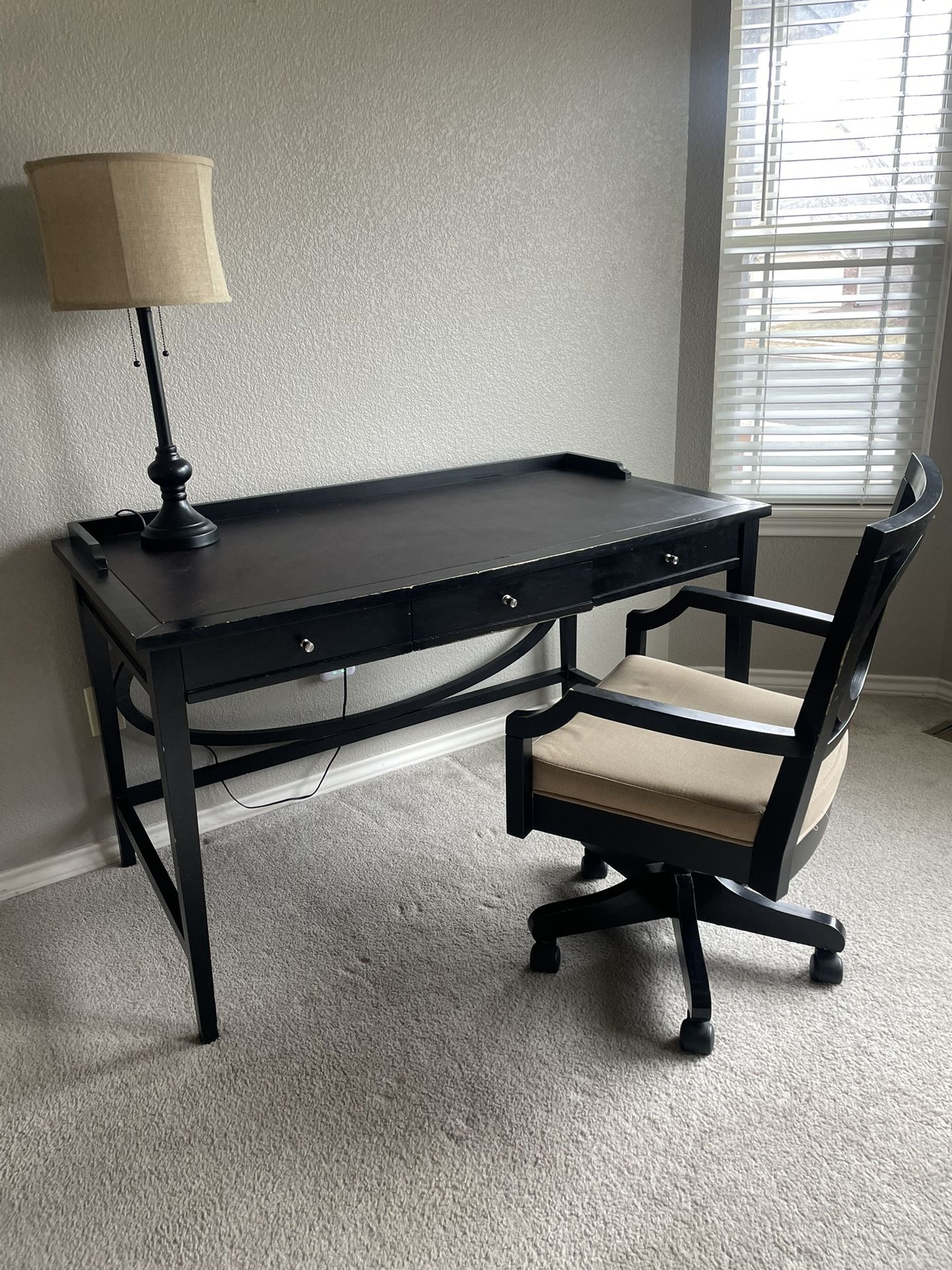 Desk, Chair, and Lamp