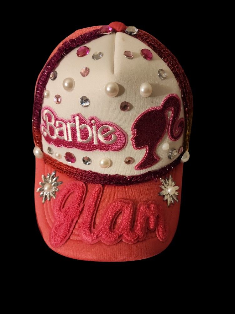 Custom Barbie  Made Pink And White Trucker Hat With Barbie Patches