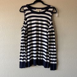 Michael Kors, Women Navy Blue & White Stripe Cold Shoulder Sweater, Size L