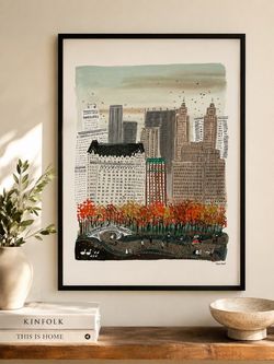 Autumn in New York City Art Print | Central Park Art | New York Skyline | NYC Wall Art | NYC Watercolor | Gallery Wall Set | Poster 36”x24”