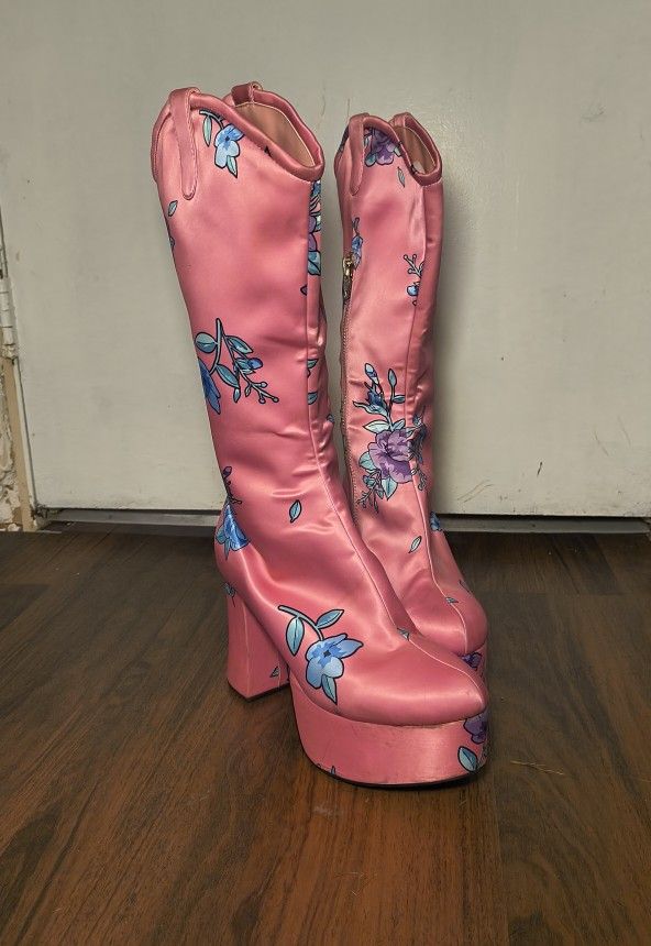 Pink Floral Platform Heeled Boots