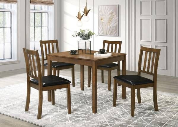 **SALE** ~New Five Piece Dining Room Set with Black Leaterette Padded Seats~