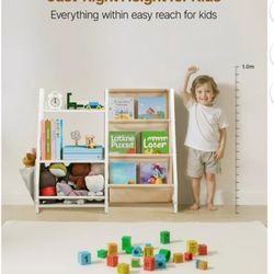 B2 Kids Bookshelf and Toy Storage, 3 Tier Book Shelf for Kids Rooms, Sling Toddler Bookshelf with Stuffed Animal Storage,