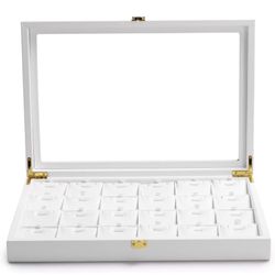 White Leather Jewelry Organizer Tray with Acrylic Lid Drawer Insert Jewelry Storage Box with 24 Removable Jewelry Cards Pendant Necklace Display