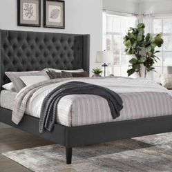 Wing Back Fabric Platform Bed