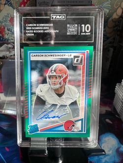 2025 Panini Donruss Carson Schwesinger #392 Rated Rookie Green Auto RC TAG 10
