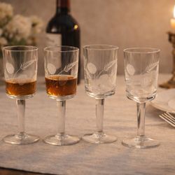 European Vintage 1940s 4 Hand-Engraved Thistle Wine Cordial Glasses, 2.5x5.75”
