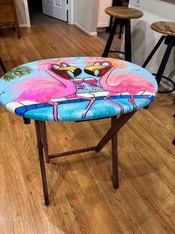 Beach House custom fold away bistro table . Hand painted epoxy finish , indoor / outdoor use . Stands 25" table top 24x17" one of a kind item !