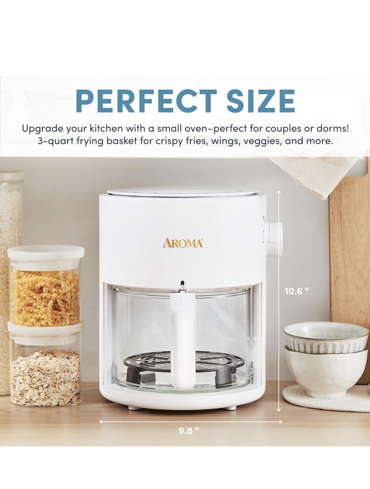 AROMA® Glass Air Fryer and Countertop Convection Oven with Powerful 360Crispy™ Technology (3 Quart), White