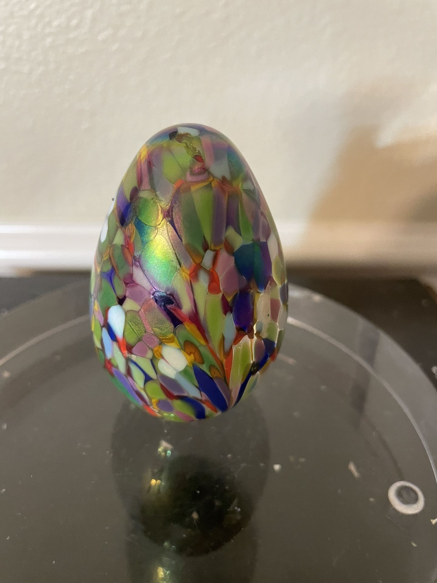 Murano-Style Art Glass Egg Paperweight Multicolored Confetti Design 3”