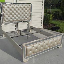 Wayfair Queen Hollywood Regency Leather Tufted Nailhead Mirrored-Out Panel Bed Frame