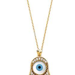 14K GOLD EVIL EYE HAND WITH CZ PENDANT CHARM CHAIN NECKLACE - 17+1'