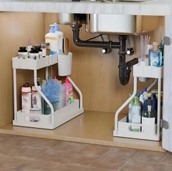 2pcs Under Sink Organizer with Sliding Shelves - Durable Pull-Out Cabinet Organizer for Bathroom & Kitchen, Space-Saving Storage Solution, Sleek Desig