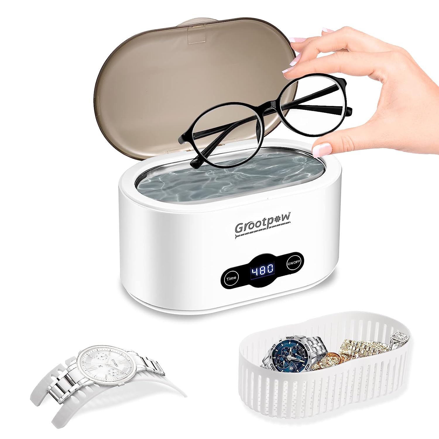 18 Oz Ultrasonic Jewelry Cleaner, Ultrasonic Cleaner with 5 Digital Timer, SUS 304 Tank, Watch Holder, 45kHz Jewelry Cleaner Ultrasonic Machine for Ey