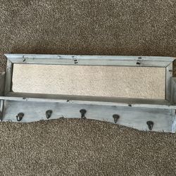 Rustic Shelf with Hooks And Mirror